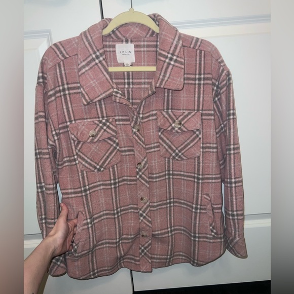 PINK PLAID FLANNEL OVERSIZED SHACKET JACKET SMALL BUTTON UP LIKE NEW - Picture 7 of 8
